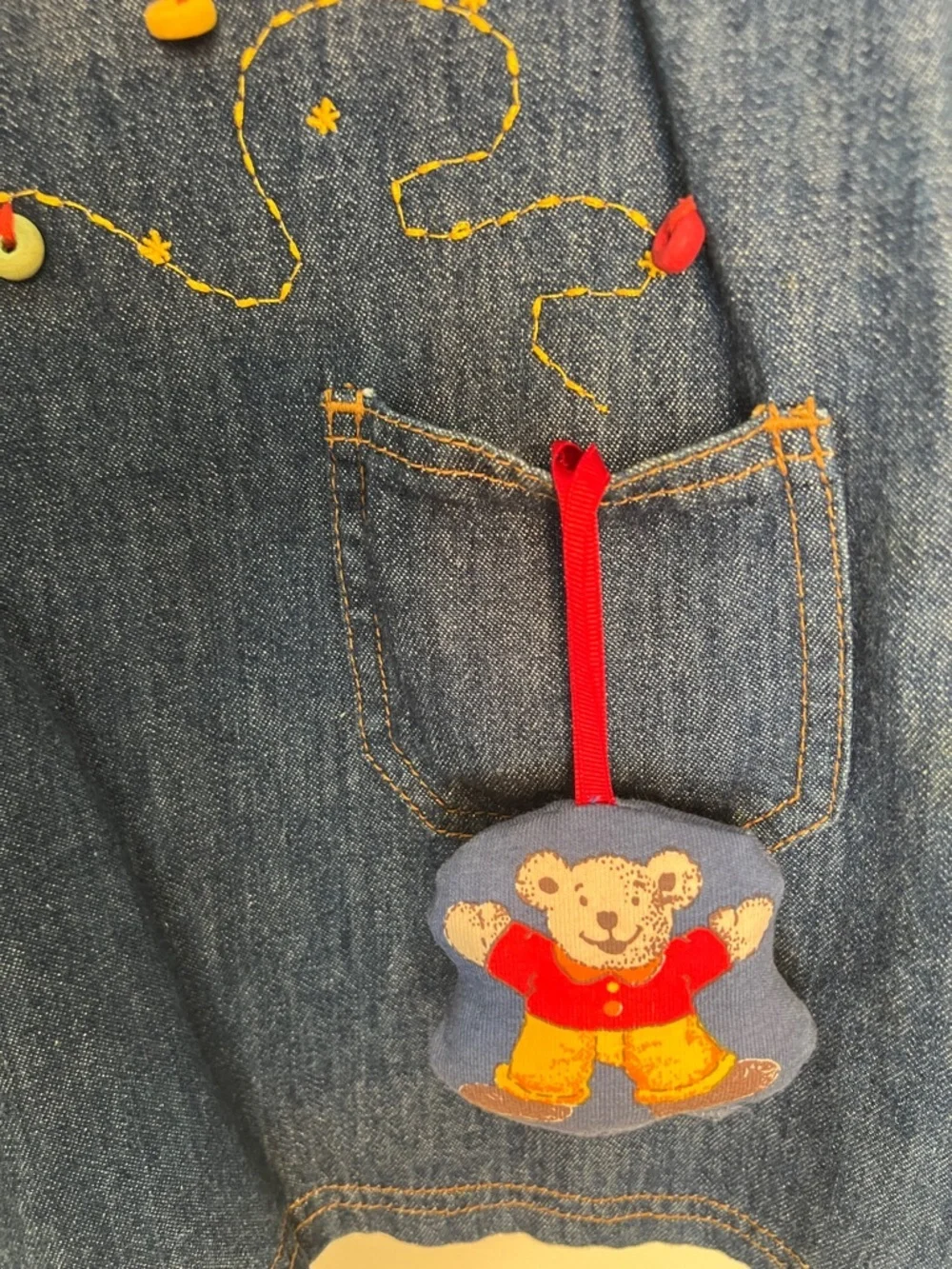 Vintage Children's Blue Denim Overall Dress with Bear Appliqué. Suzéu​
